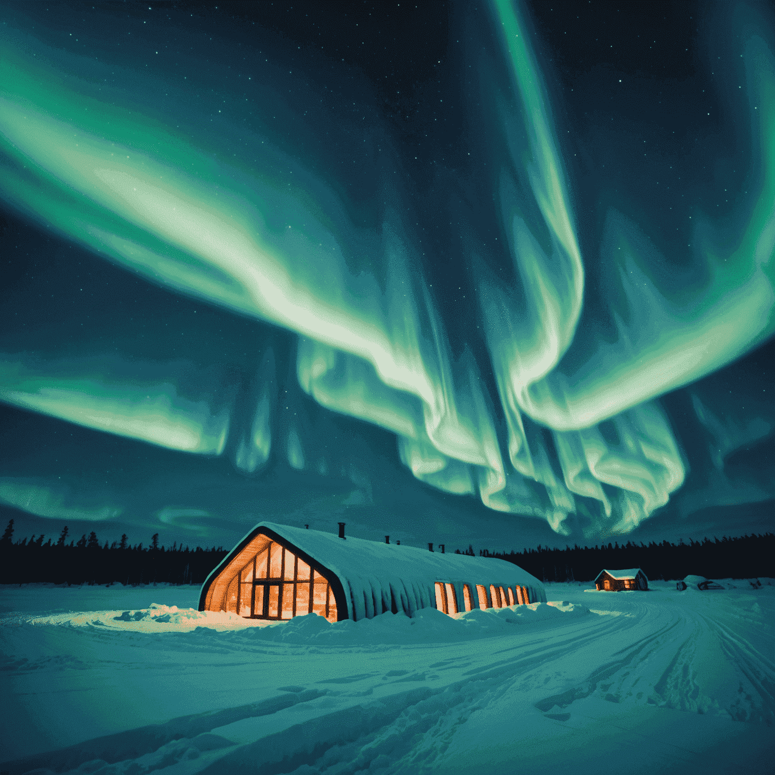Panoramautsikt över ett snötäckt svenskt landskap med norrsken som dansar över himlen och en upplyst ishotellfasad i förgrunden